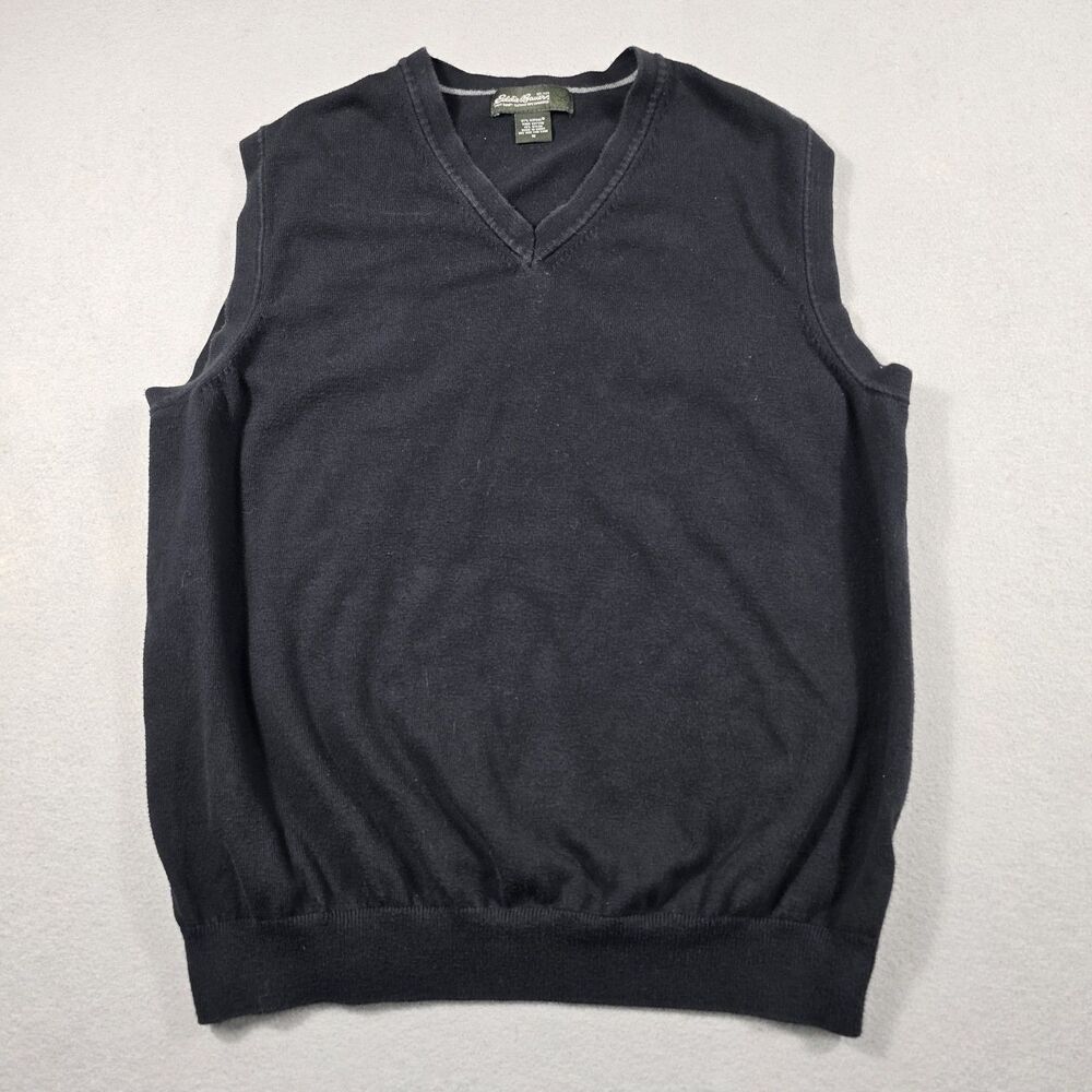 Eddie Bauer Men's Medium Black V-Neck Pullover Knit Sweater Vest Supima Cotton